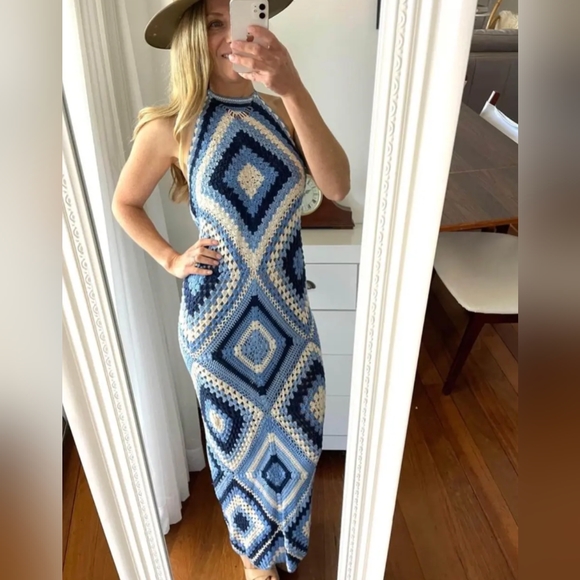 Chasing Unicorns Peacekeeper Crochet Midi Dress Blue NWOT S - Picture 2 of 16